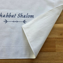 Zoomed in detail of embroidery, hem-stitching and lining of the Blue and White Embroidered Challah Cover.