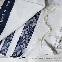 White Cotton and Navy Lace Ladies Tallit