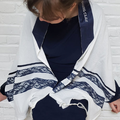 White Cotton and Navy Lace Ladies Tallit